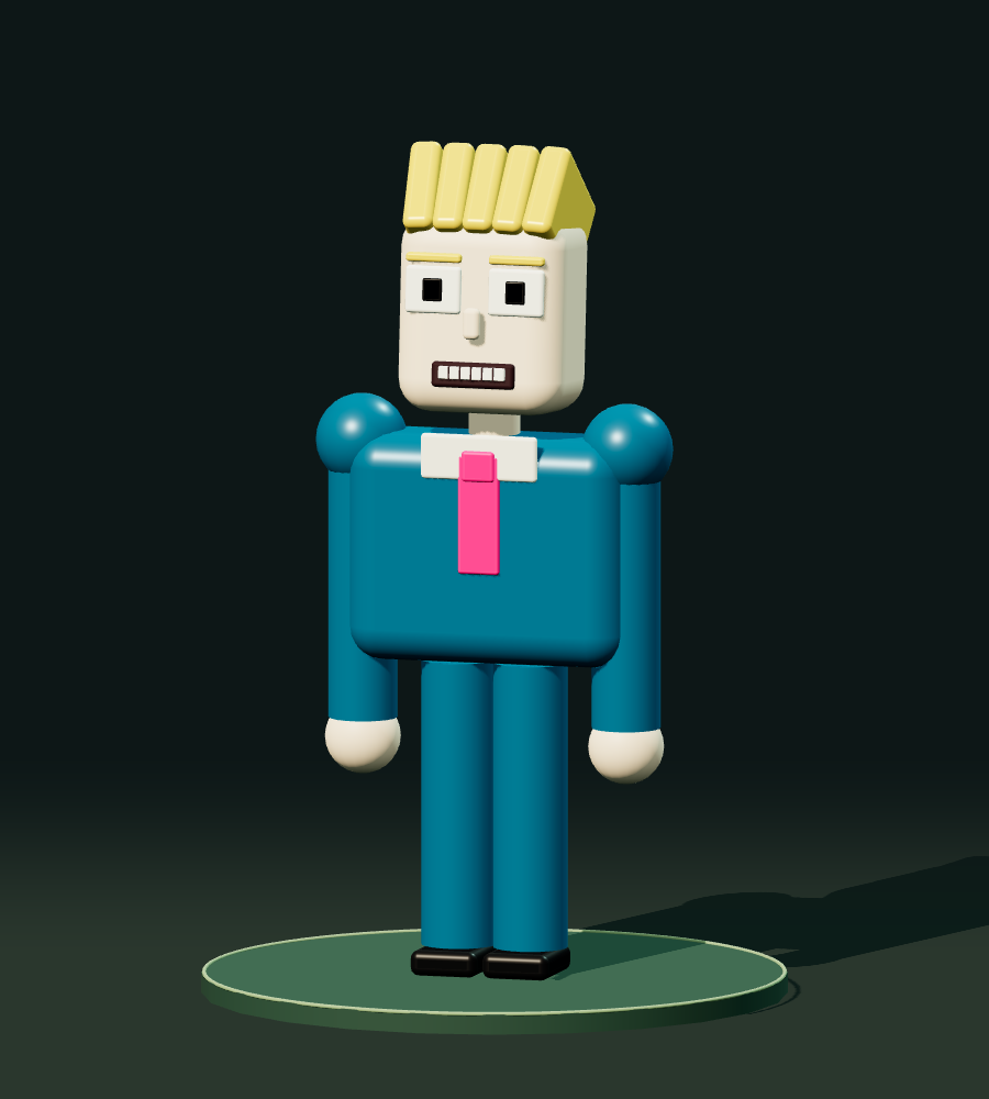 Max, a blond blocky character in a teal suit and pink tie, standing on a small circular stage.
