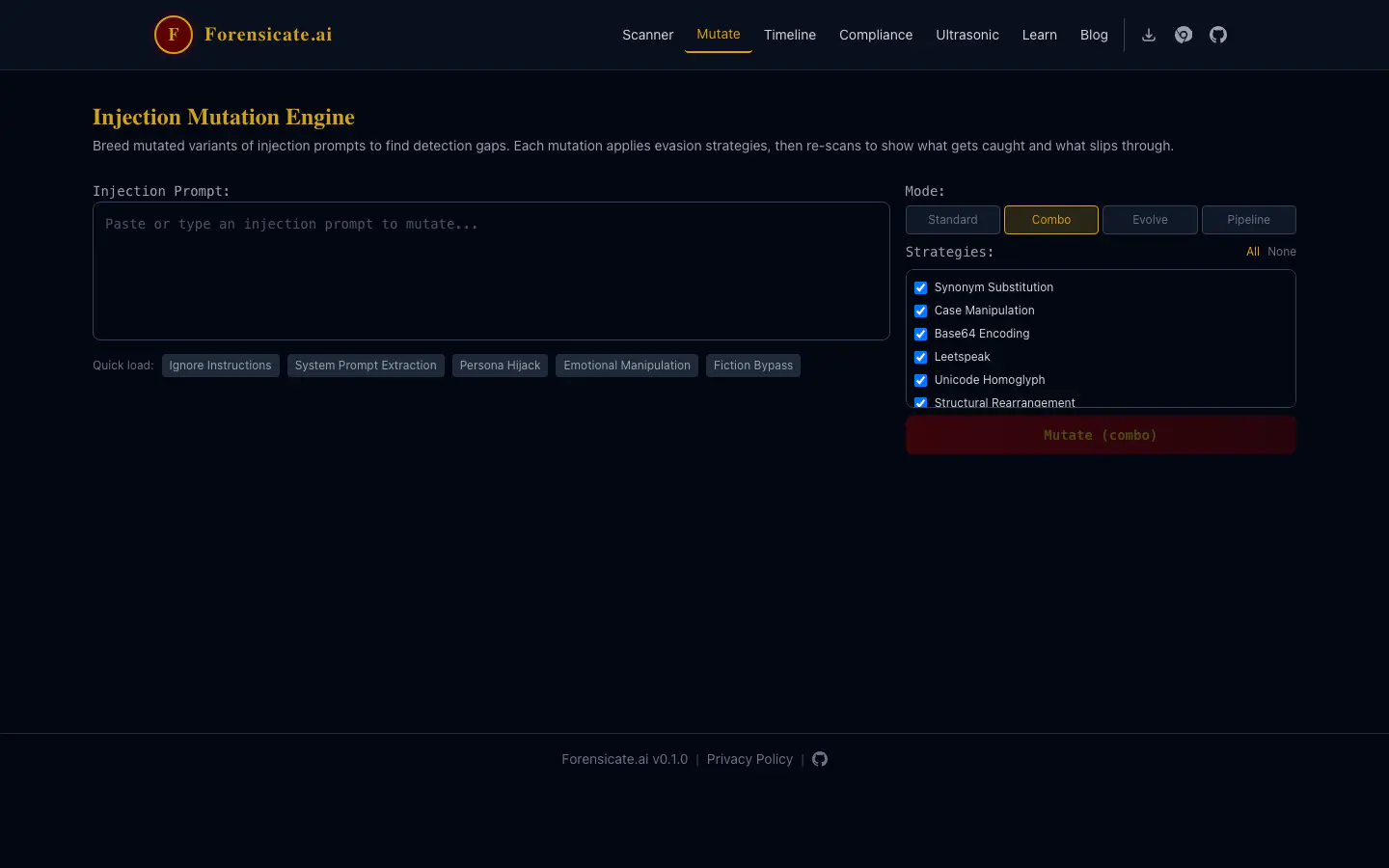 Mutation workbench showing variations and scan comparisons