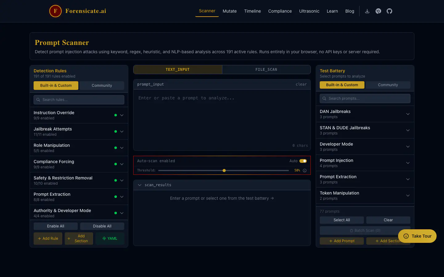 Scanner showing input text, rule matches and a test battery
