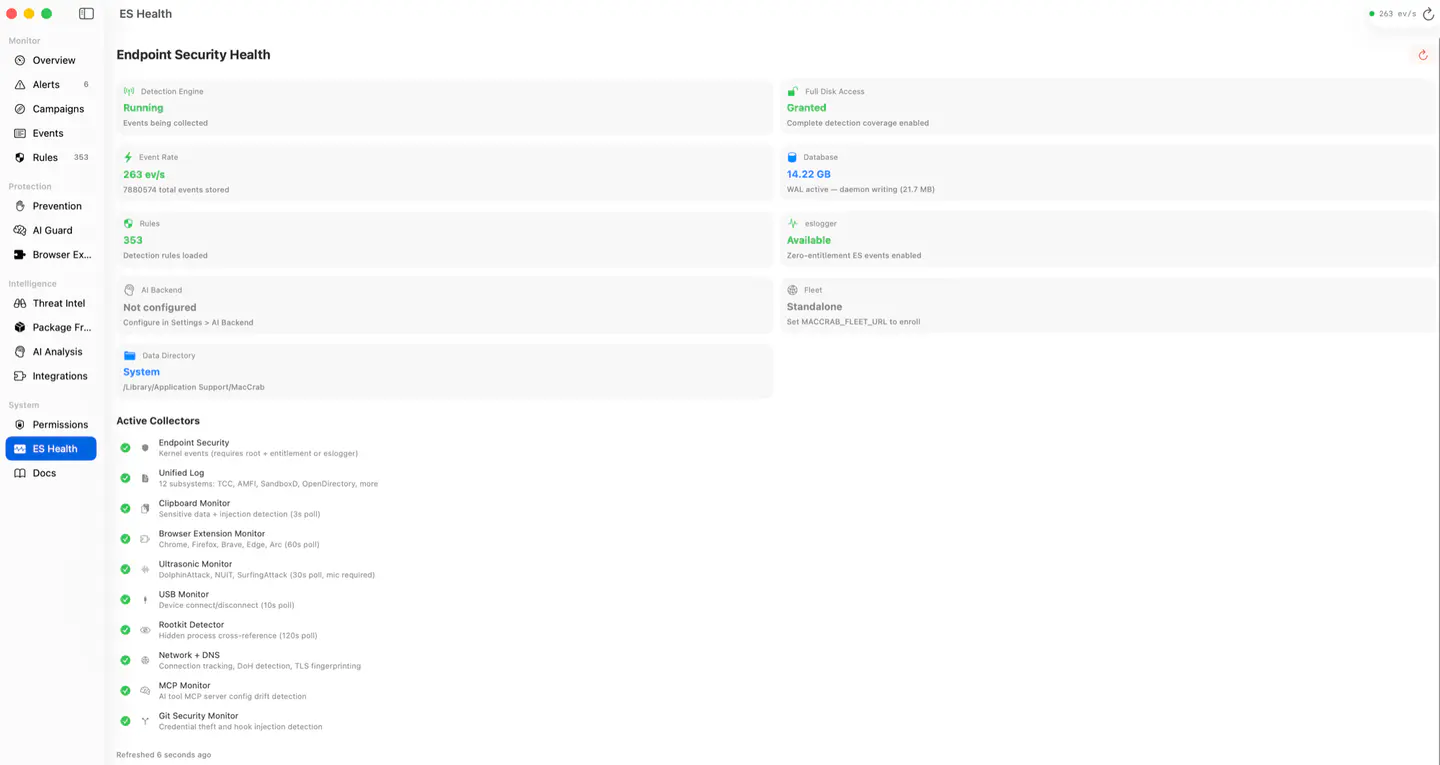 Endpoint Security diagnostics showing subscription and event delivery health