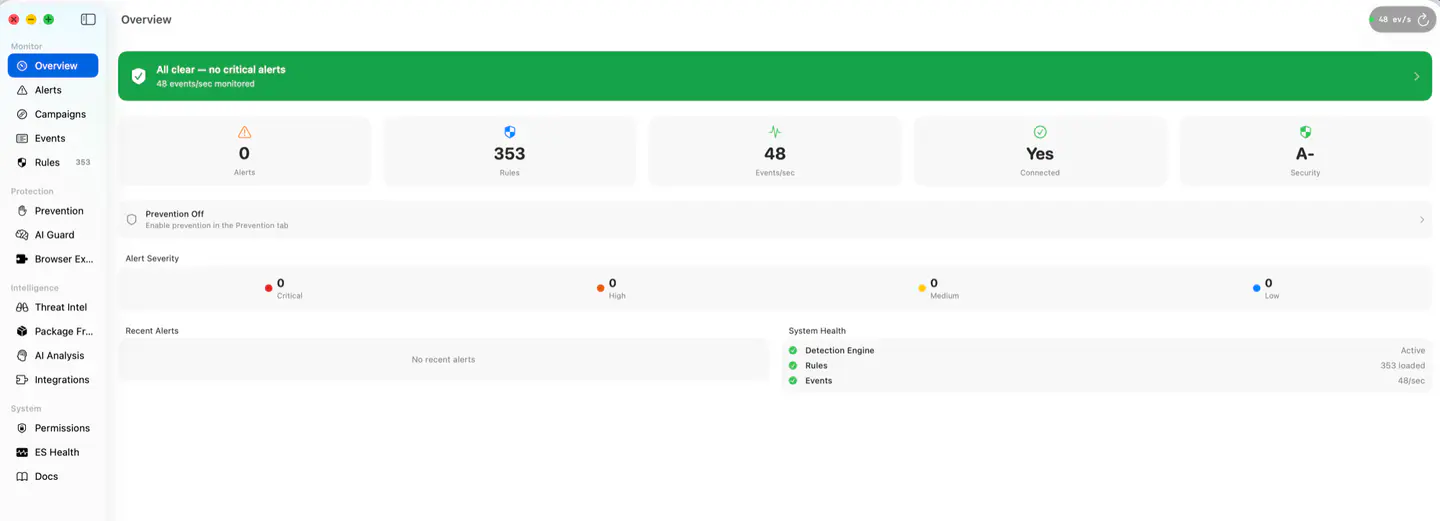 MacCrab overview showing monitoring health and alert summaries