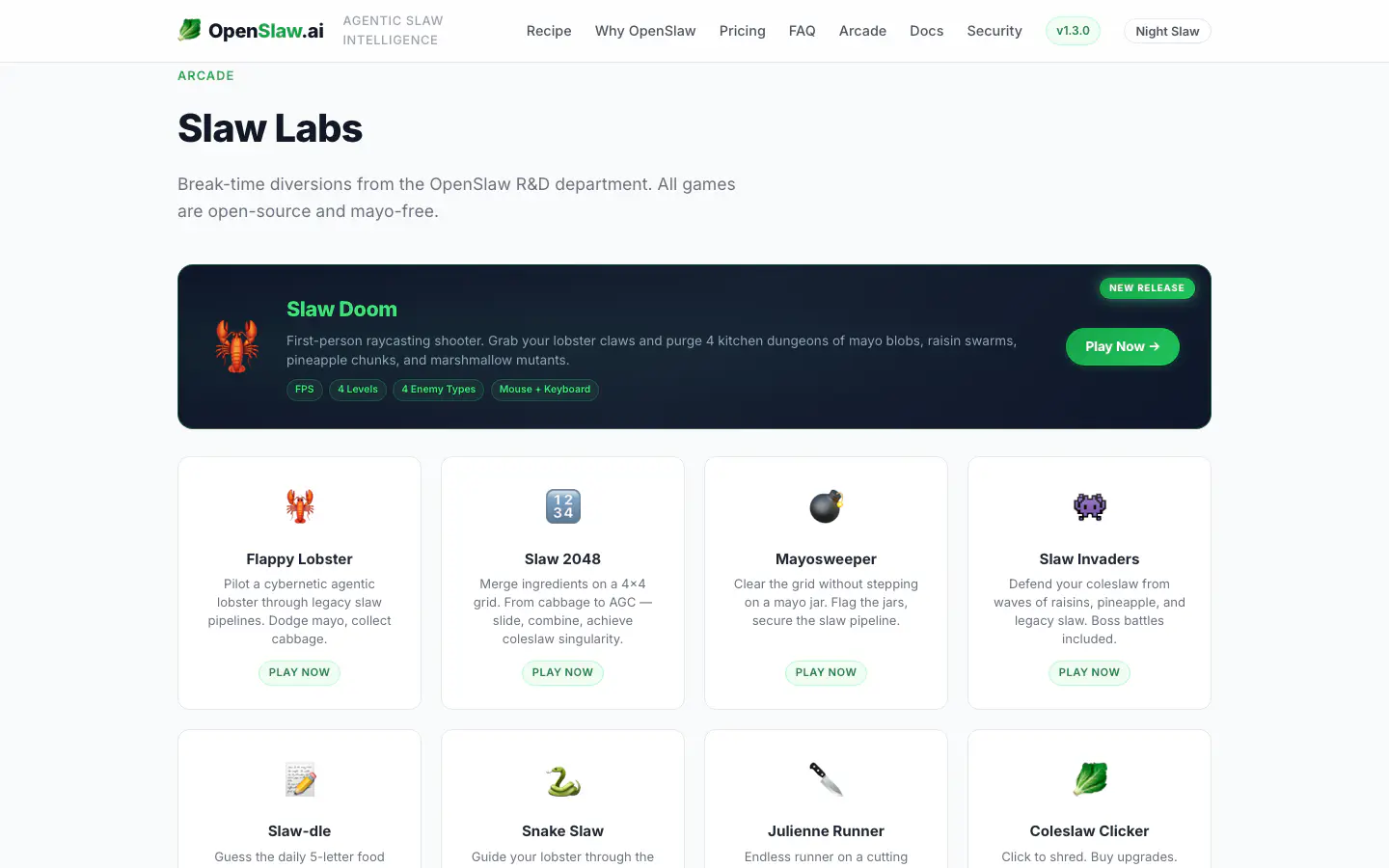 Slaw Labs arcade showing the available game cards