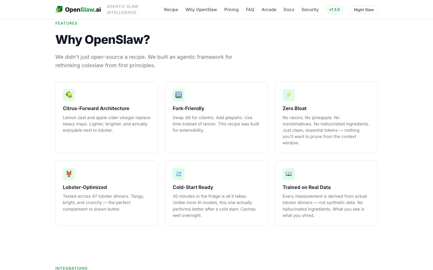 Feature cards describing the recipe in software-marketing language