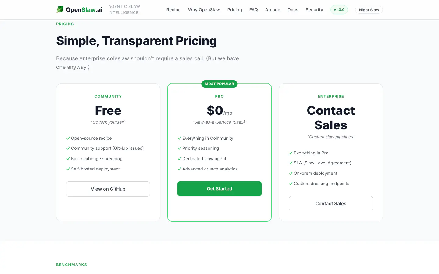 Free, Pro and Enterprise pricing cards for the fictional coleslaw business