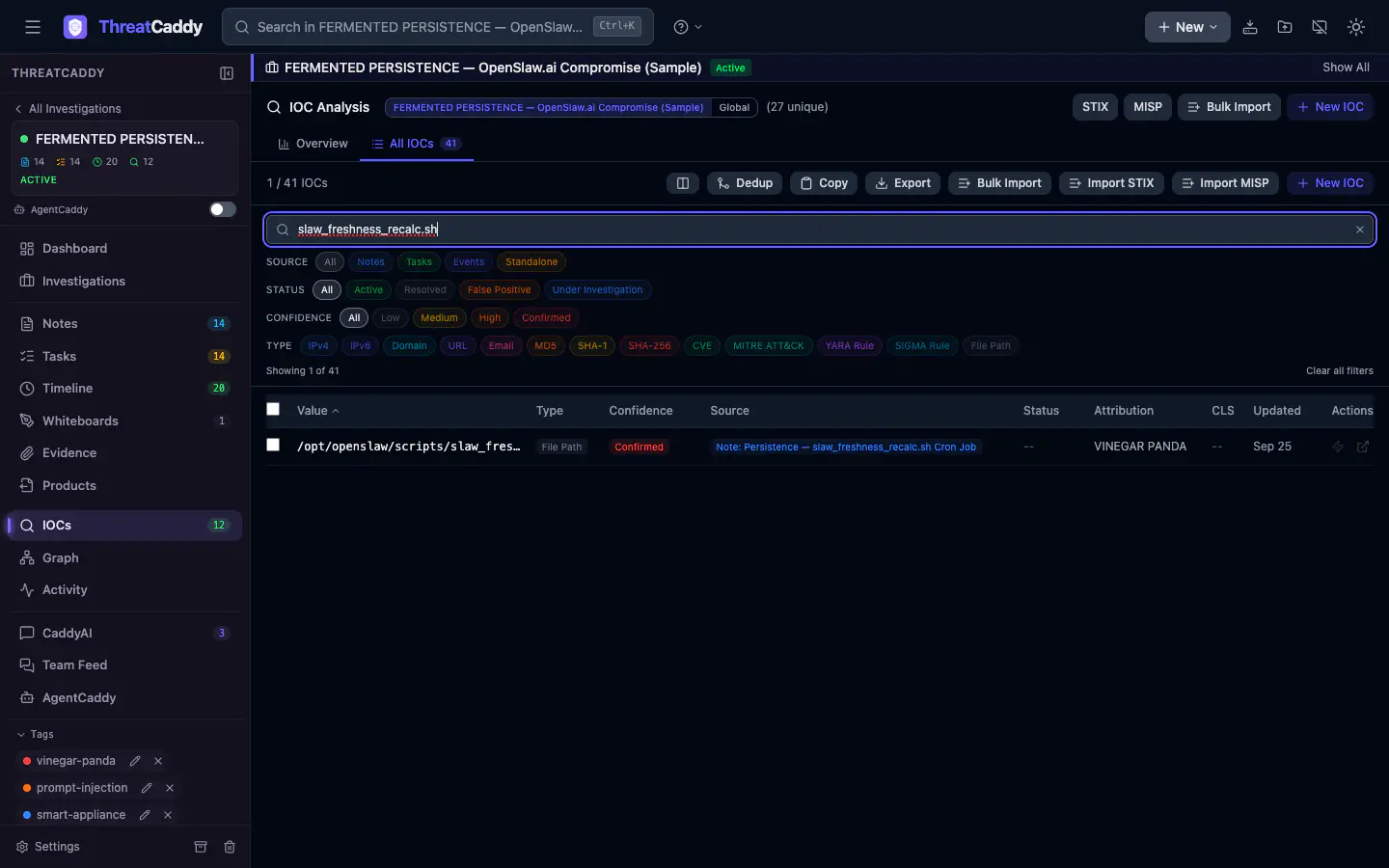 The IOC table filtered to the script name, showing the file path marked Confirmed with the note as its source.