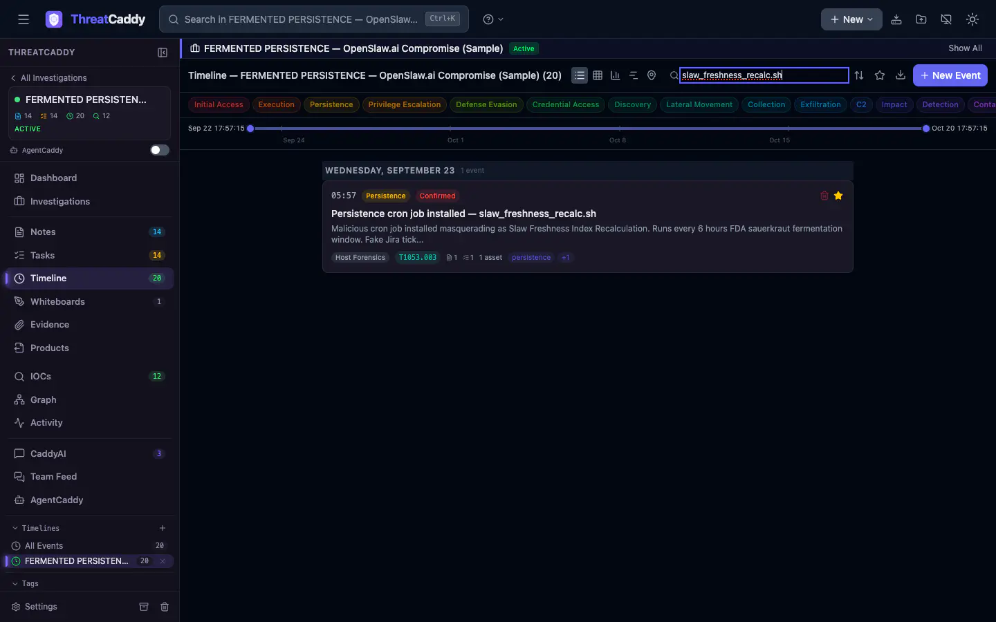 The timeline filtered to the script name, showing the persistence event tagged T1053.003.